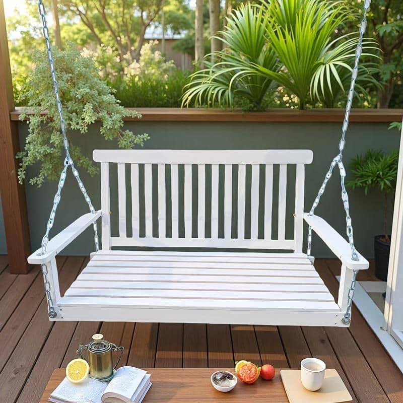 Solid Wood Porch Swing with Zinc-Plated Chains and Armrests,800lb Capacity - White