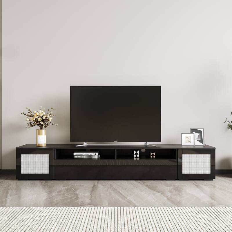3-Piece Extended TV Stand with Color-Changing LED Lights - Rattan Style, Push-to-Open Doors, 82" Entertainment Center
