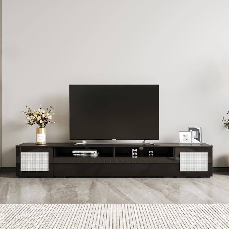 82.6" TV Console Table, Wood Entertainment Center with Push to Open Doors, LED TV Stand with Open Storage for Home Theatre