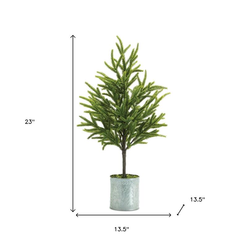 HomeRoots Set of Two 23" Green Mini Artificial Pine Trees In Galvanized Metal Planters - 13.50 in. x 23.00 in. x 13.50 in.