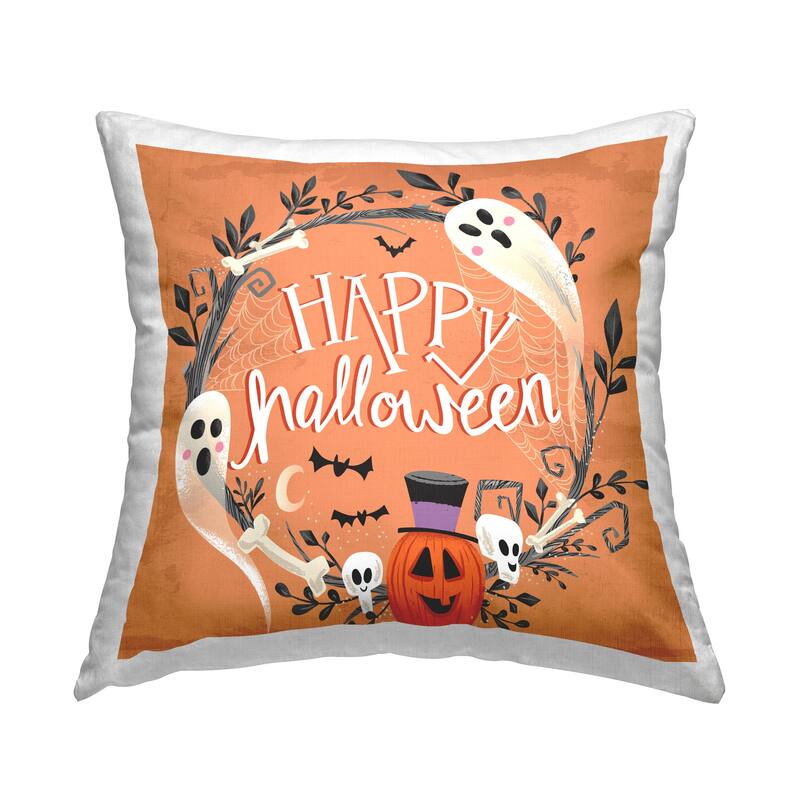 Stupell Whimsical Orange Happy Halloween Ghosts Wreath Printed Throw Pillow by Arrolynn Weiderhold