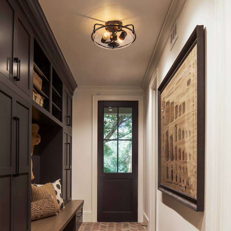 2-Light Modern Transitional Metal & Glass Flush Mount with Clear Bubble Glass Shade for Bedroom - 12.6 in. W x 7.3 in. H