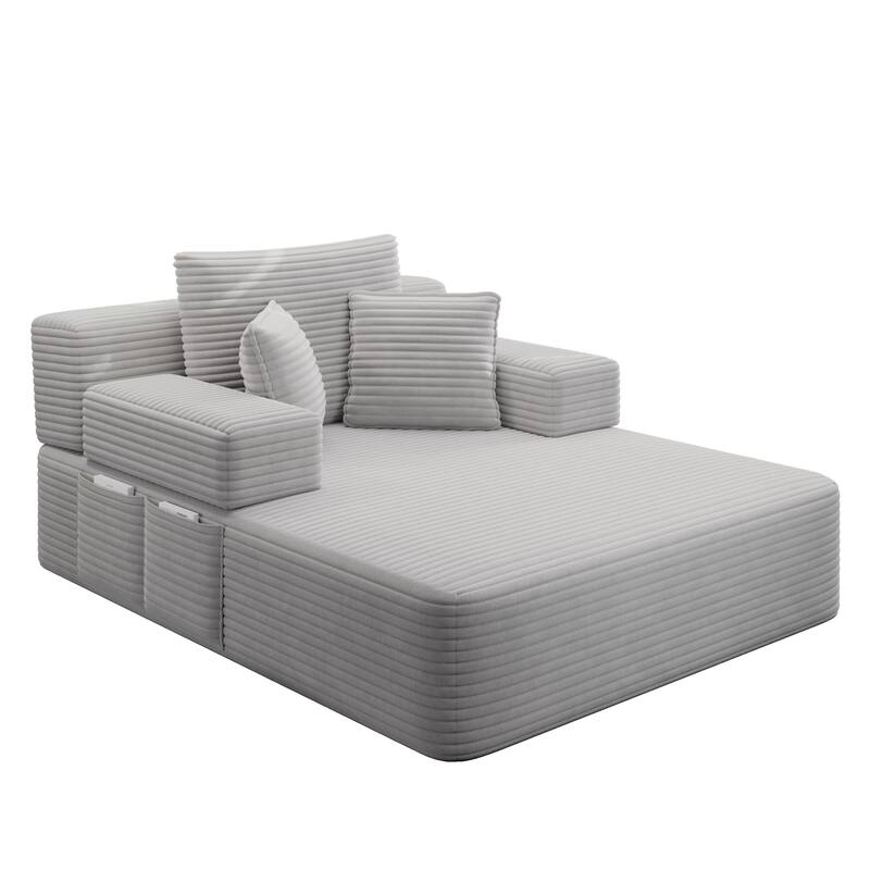 Luxurious Plush Corduroy Chaise Lounge Convertible Sofa Bed with Storage Pocket and Wide Armrests