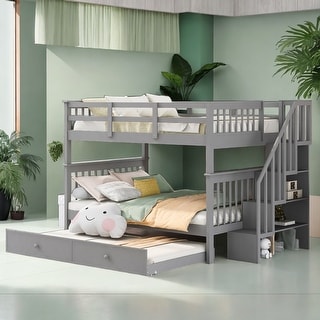 Stairway Full-Over-Full Bunk Bed with Twin size Trundle, Storage and Guard Rail for Bedroom, Dorm, Maximized Space, Grey