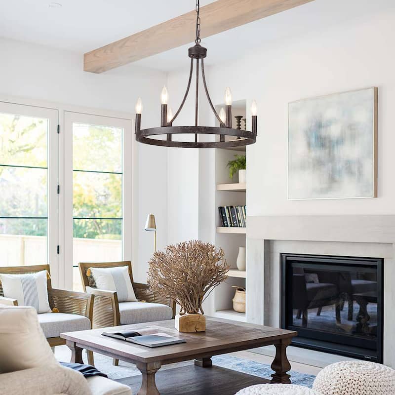 6-Light Farmhouse Candle Circle Hanging Wagon Wheel Chandelier Lighting for Kitchen Island