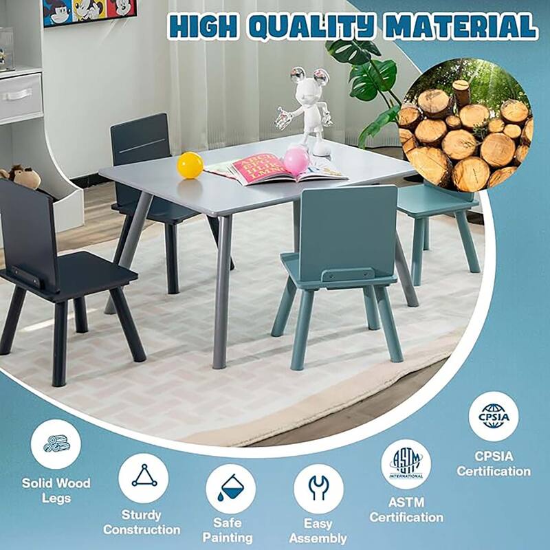 5 PCS Kids Wooden Activity Table 4 Chairs Play Set w/ Building Blocks