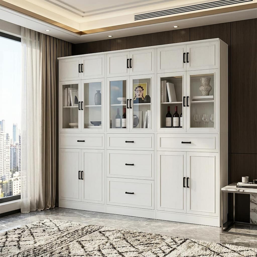Farmhouse Corner Display Bookcase with Glass Door and Wood Drawers, Storage Cabinet for Kicthen and Study