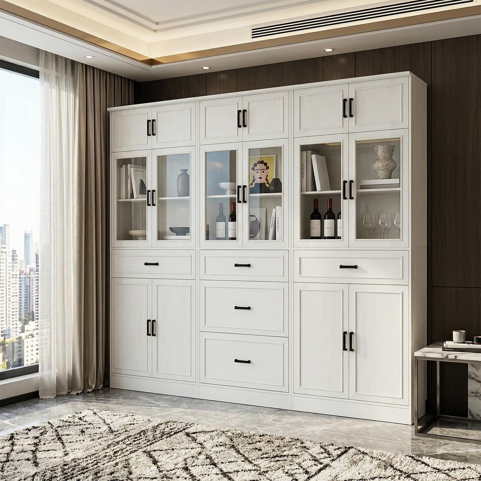 Farmhouse Corner Display Bookcase with Glass Door and Wood Drawers, Storage Cabinet for Kicthen and Study