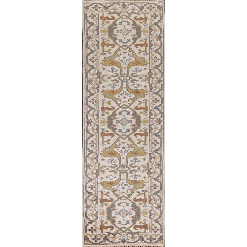 All-Over Ivory Oushak Indian Runner Rug Hand-knotted Wool Carpet - 2'6"x 10'2"