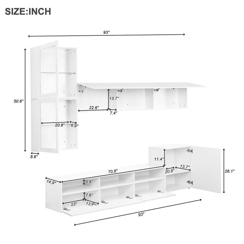 93" Modern High Gloss TV Stand with Wall Mounted Floating Storage Cabinets