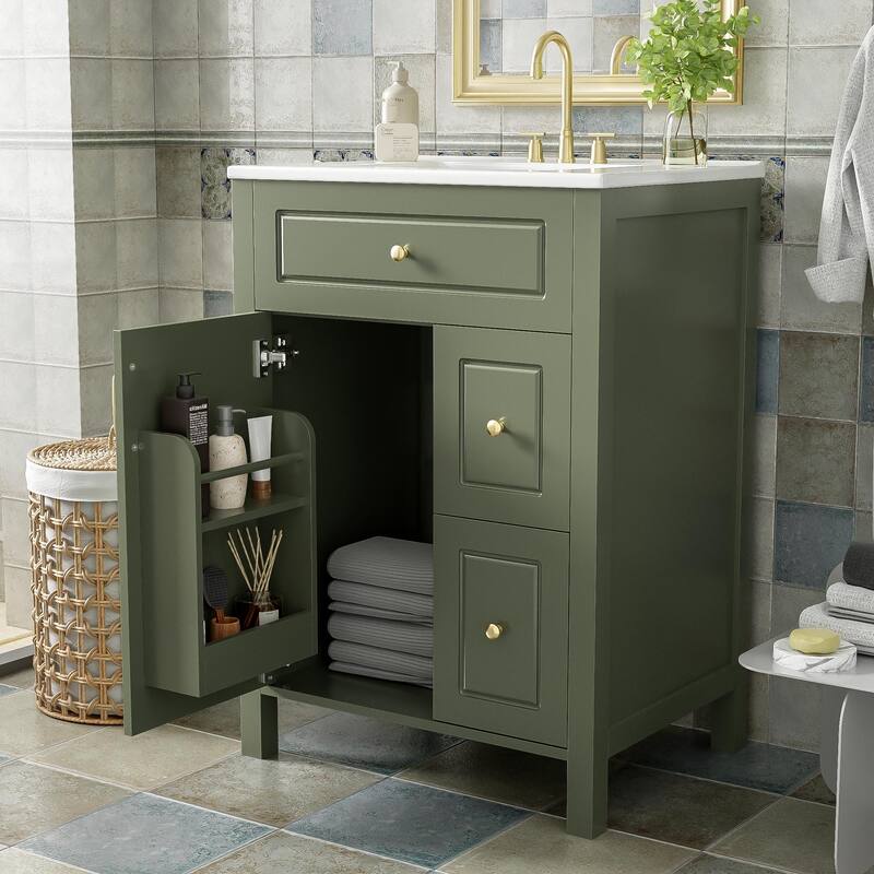 24-Inch Bathroom Vanity with Ceramic Sink, 1 Soft Close Door, 2 Soft Close Drawers, and Double Storage Racks on the Door