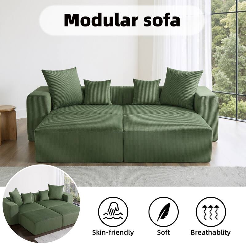 4-Piece Modern Corduroy Modular Sectional Sofa Set with 4 Throw Pillows