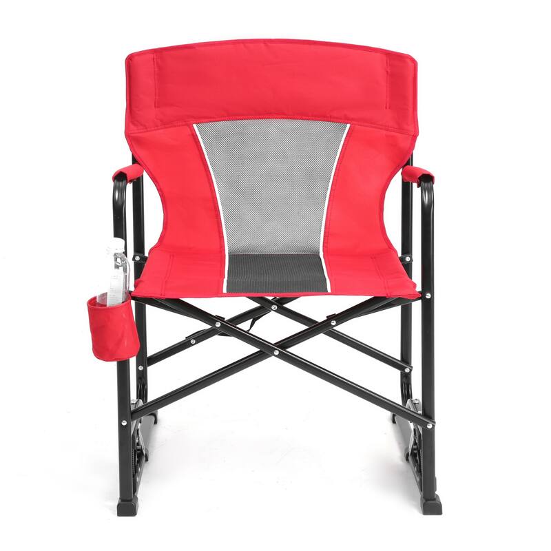 Outdoor Portable Folding Rocking Chair with Armrests and Drink Holder - Red