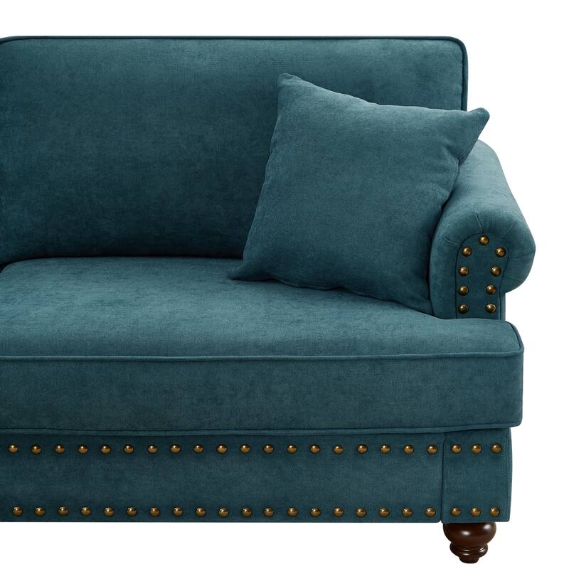 Luxurious Green Chenille Sofa with Rolled Arms and Brown Legs, Elegant Comfort for Any Room