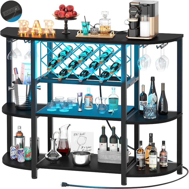 4-Tier Wine Bar Cabinet with Outlet and LED Light,Freestanding Bar Table with Glass Holder and Wine Storage - Black