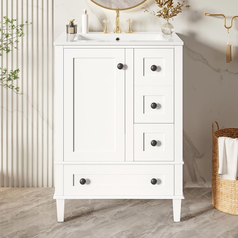 24" Bathroom Vanity with Ceramic Sink, Soft-Close Drawers, Soft-Close Door & Door-Mounted Shelf