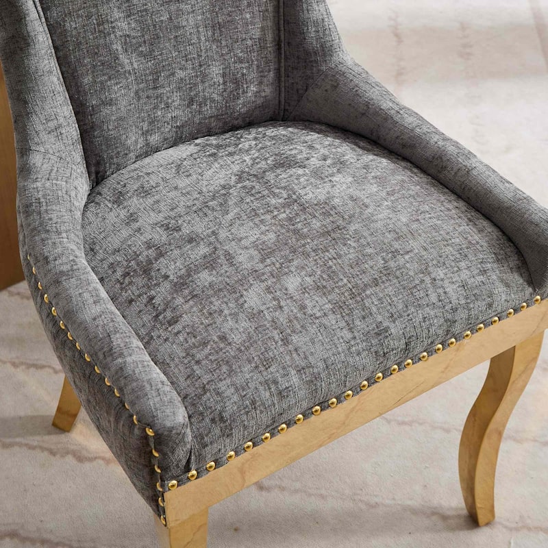Chenille Dining Chairs, Modern Upholstered Accent Chair with Curved Gold-Plated Legs & Rivet Trim, Plush Fabric, Set of 2