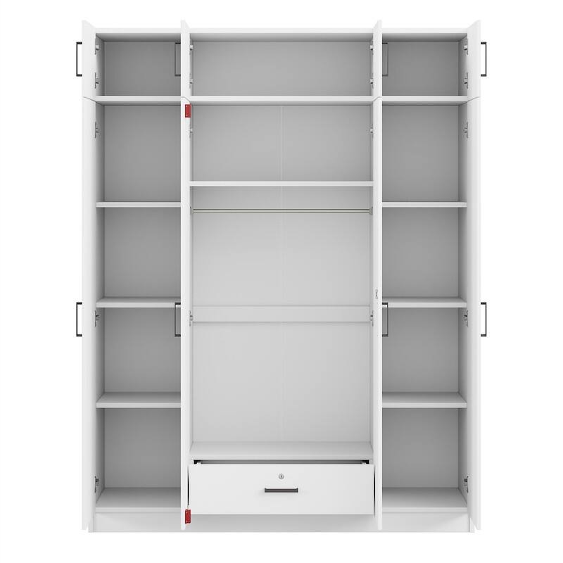 Modern Bedroom Wardrobe with 4 Doors and Top Cabinet, Freestanding Armoire Closet with Hanging Rod, 1 Drawer and Storage Shelves