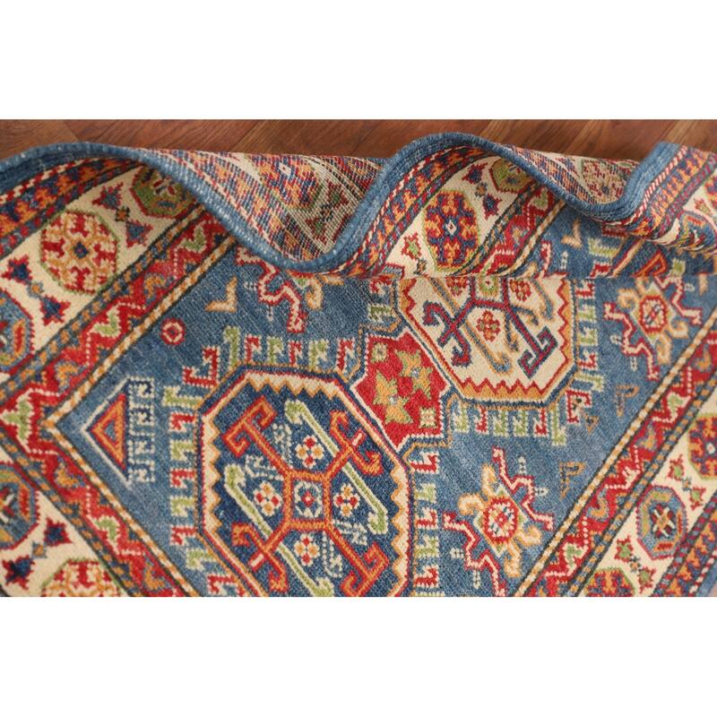 Blue Geometric Kazak Foyer Rug Handmade Bedroom Wool Carpet - 2'7" x 4'1"
