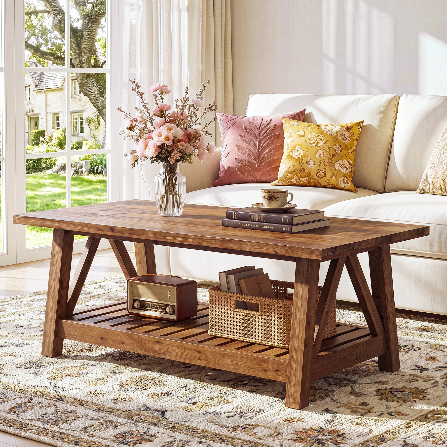 47.24" Farmhouse Solid Wood Center Table for Living Room - 47.24" L x 23.62" W x 17.72" H