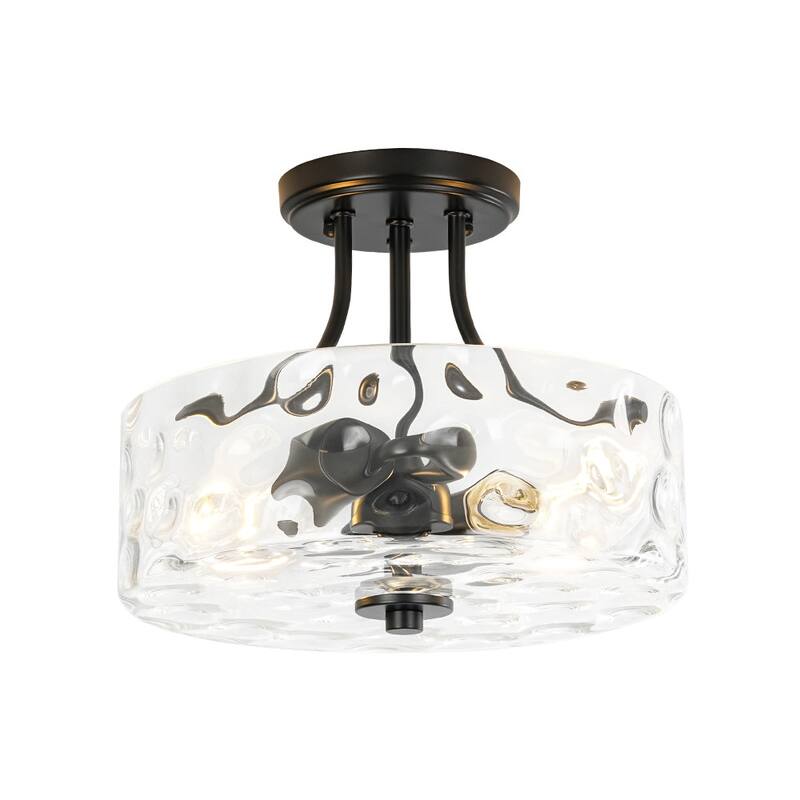 Nickel 2-Light Water Glass Round Semi Flush Ceiling Light - 11.8in - Black