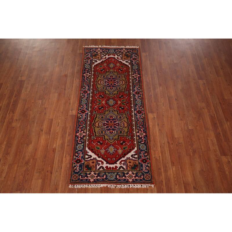 Orange Geometric Heriz Serapi Foyer Rug Hand-Knotted Wool Carpet - 2'6"x 6'1"