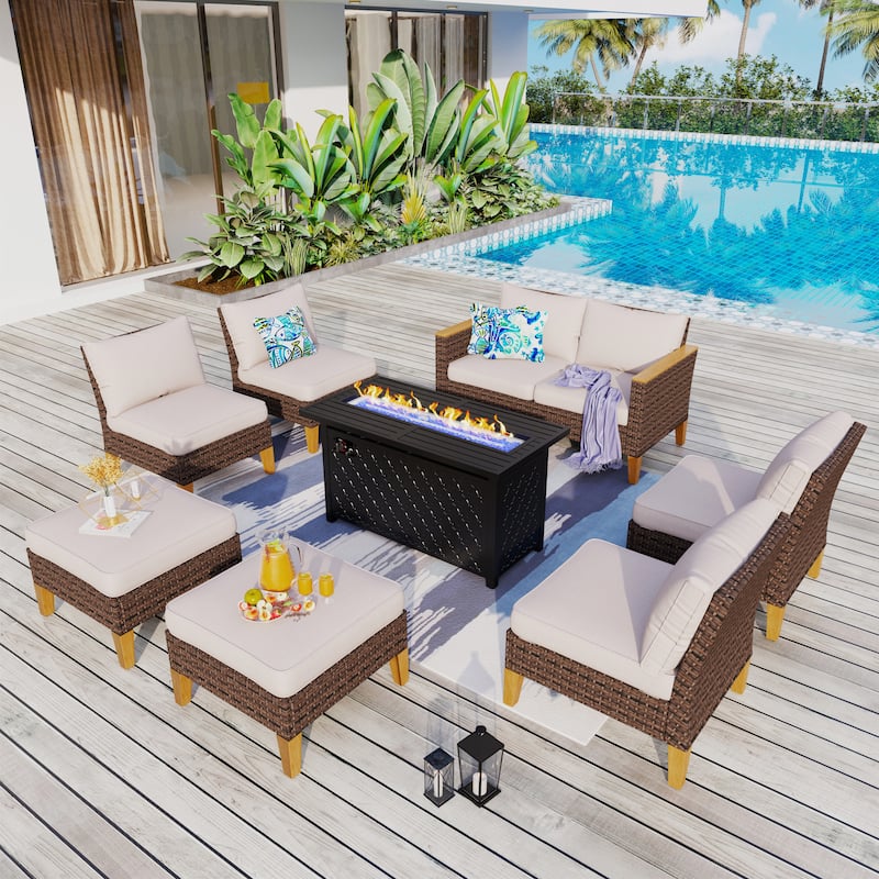8-Piece Patio Outdoor Wicker Sectional Sofa Set, Large Seating Furniture Conversation Sets with Fire Pit Table