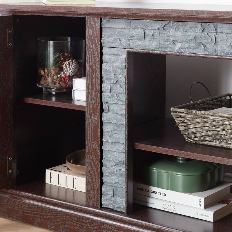 Modern TV Stand, Faux Stone Media Console Cabinet, Entertainment Center with 2-Door Storage, for Living Room, Cherry