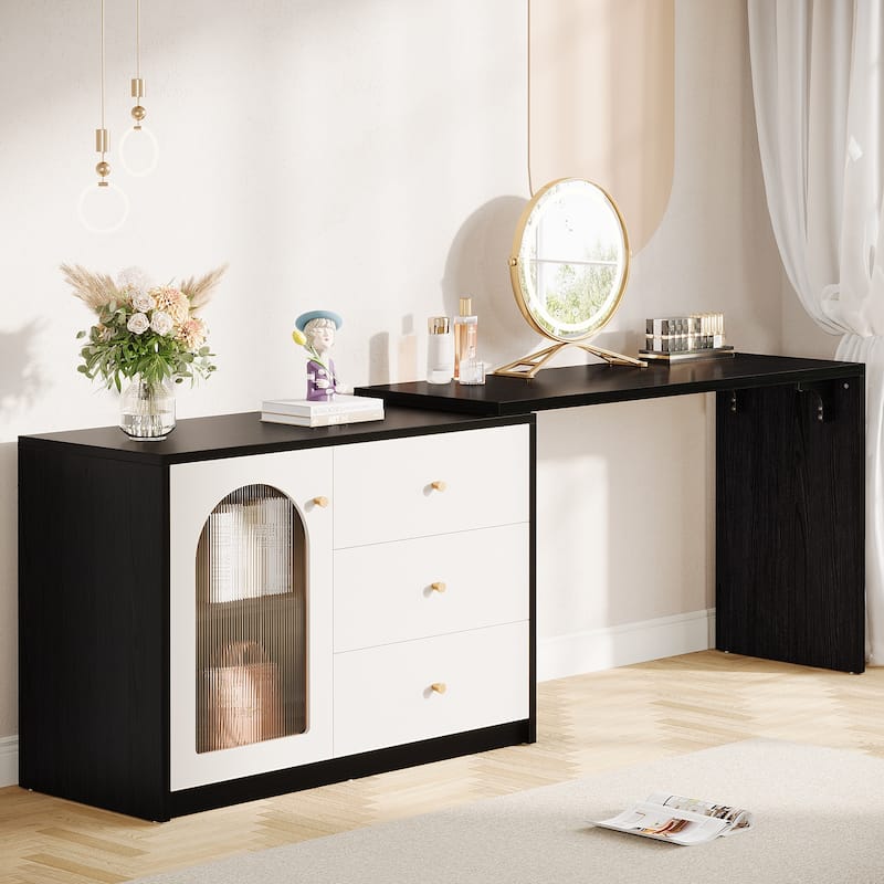 Retractable Modern Makeup Vanity for Bedroom - White and Black
