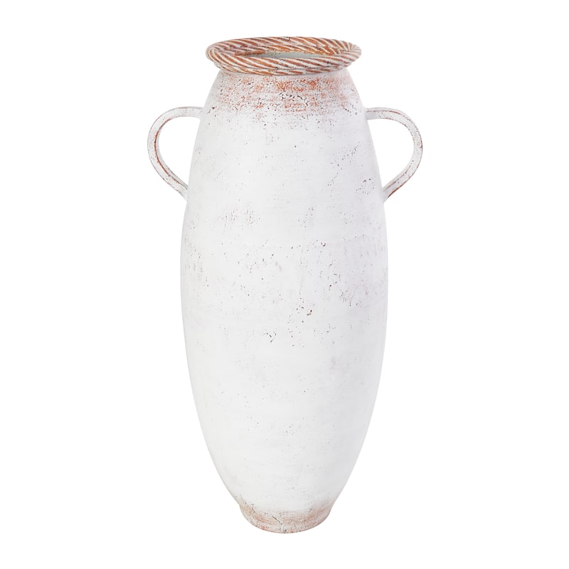 White Metal Vase with Antique Distressing and Terracotta Accents