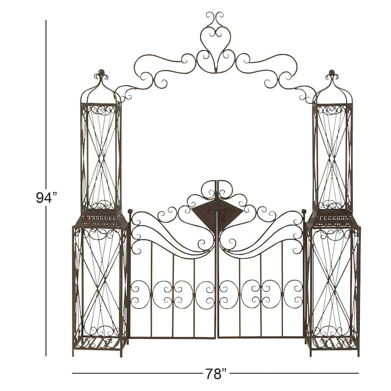 Metal Indoor Outdoor Scrollwork Arched Gate Garden Arbor with Pillars and Latch Lock Closure - Black - Roche River Decor