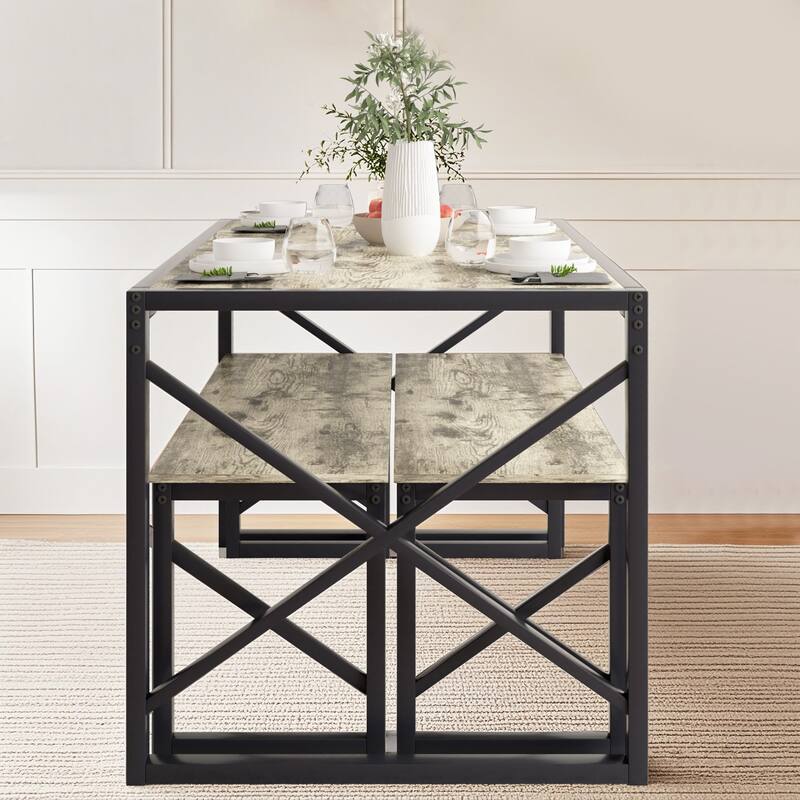 VECELO 3-pieces Dining Table with Bench, Dinning Room Table Set for 4-6, Kitchen Table with 2 Benches Dining Table Set