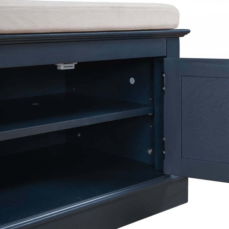 Storage Bench with 4 Doors and Adjustable Shelves, Shoe Bench with Removable Cushion for Living Room, Entryway
