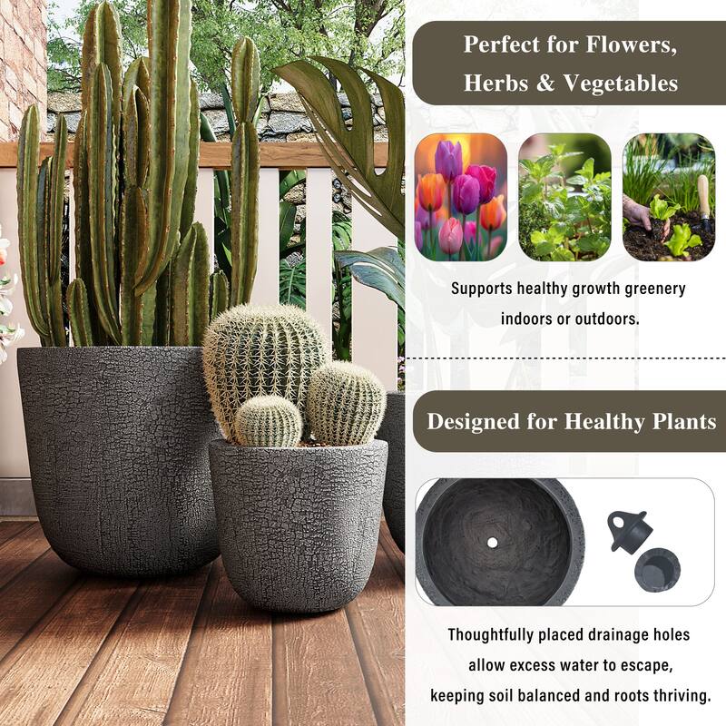 Lightweight Planter Set of 3,16.93"+13.78"+11.02"Dia Round Concrete Stackable Flower Pots with Drainage Holes and Rubber Plug