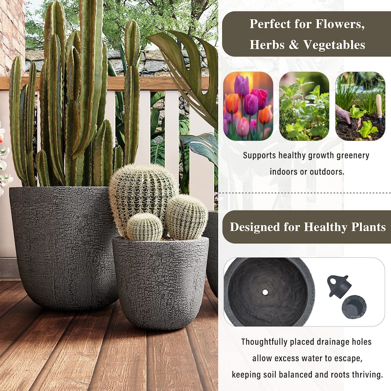 Roomfitters Lightweight MGO Planter Set of 3, Round Weather Resistant Outdoor Indoor Flower Pots for Garden Patio