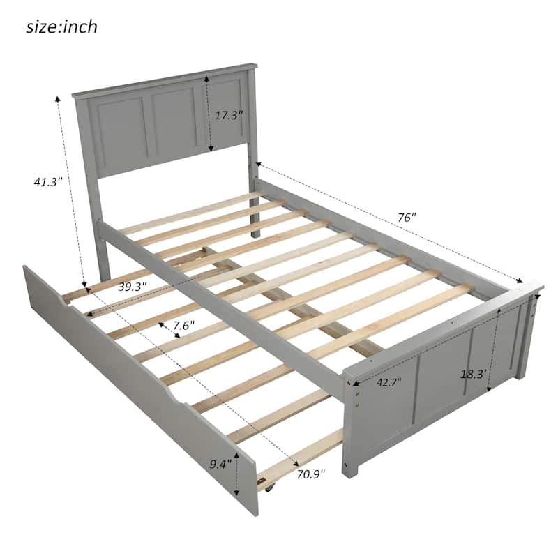 Gray Twin Platform Bed with Trundle, Solid Wood and MDF Frame, Space-Saving Design