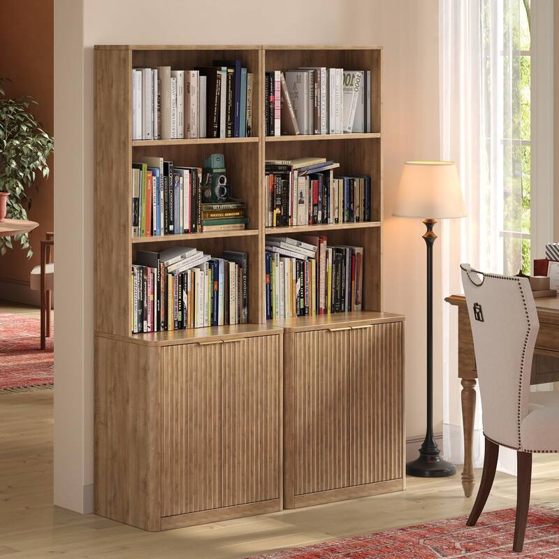 71" Walnut Bookcase with Doors Set of 2, 5 Tier Fluted Tall Bookshelf with Storage