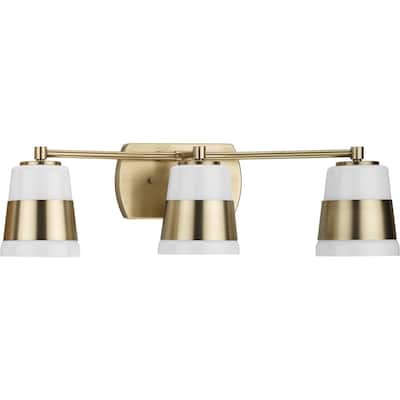 Haven Collection Three-Light Vintage Brass Opal Glass Luxe Industrial Bath Light - 24 in x 6.75 in x 7 in