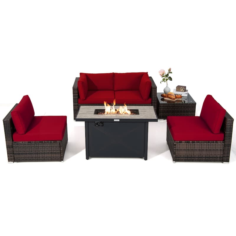 Costway 6PCS Patio Furniture Set Rattan Cushioned Sofa Gas Fire Pit - See Details