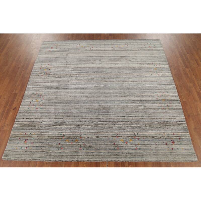 Striped Gabbeh Square Rug Hand-Knotted Gray Wool Carpet - 7'11"x 7'11"