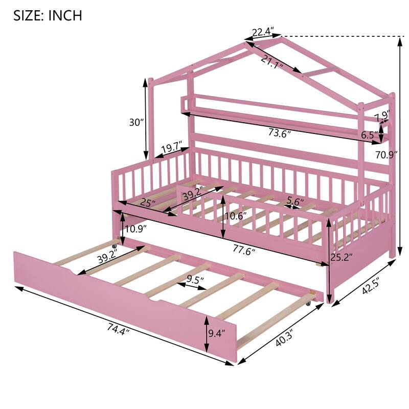 Cute Wooden Twin or Full House Bed with Trundle, Kids Bed Wood Platform Bed Frame with Safety Guardrail & Storage Shelf