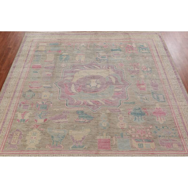 Hand Knotted Oriental 100% Wool Carpet Transitional Geometric Multi-Colored Oushak Area Rug - 9' 0'' X 8' 10''