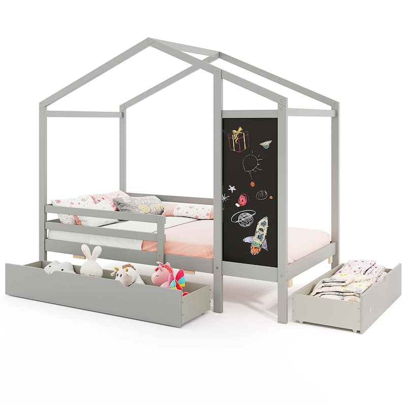 Costway Twin House Bed with 2 Storage Drawers Solid Wood Platform Bed - Grey