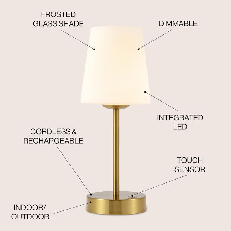 Eli 12.75" Modern Minimalist Iron Wireless Rechargeable Integrated LED Table Lamp, Nickel/White by JONATHAN Y
