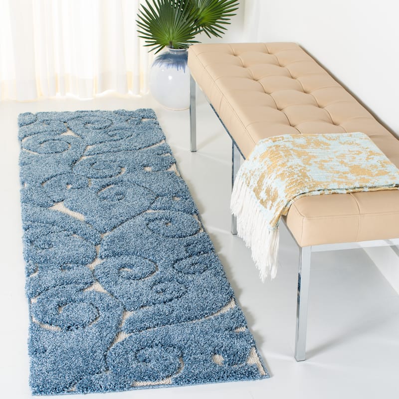 SAFAVIEH Florida Shag Shahin Scroll 1.2-inch Thick Textured Rug - 2'3" x 7' Runner - Light Blue/Cream