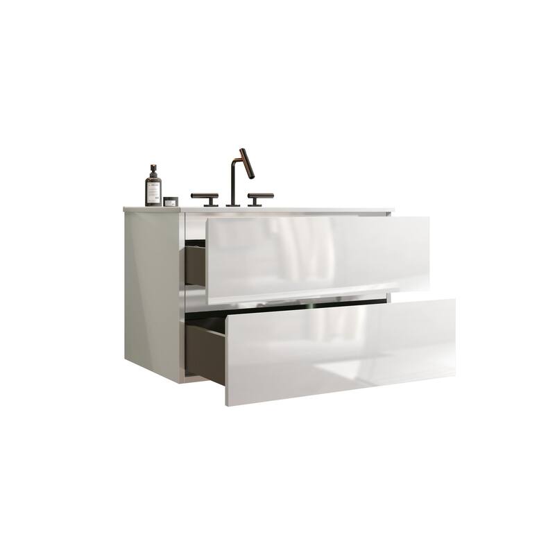 30" Wall Mount Bathroom Vanity with Ceramic Sink - Glossy White