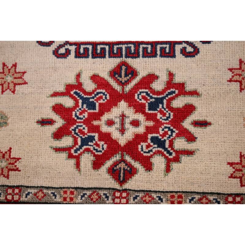 Ivory Geometric Kazak Accent Rug Hand-Knotted Wool Carpet - 2'10" x 3'10"
