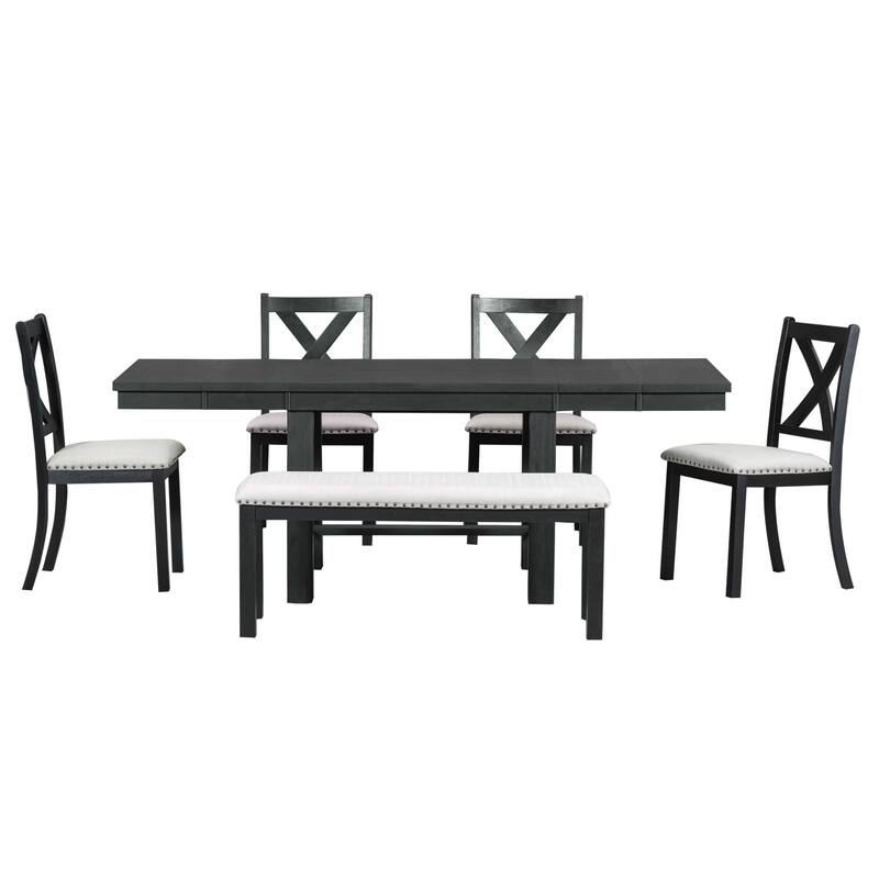 82" 6 Piece Extendable Dining Set with Footrest,4 Chairs and Bench