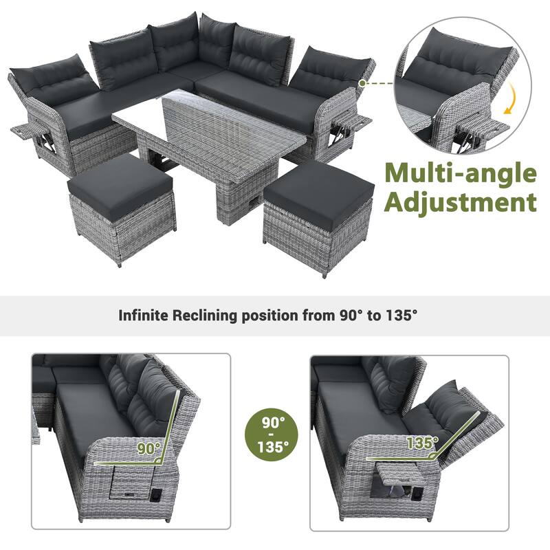 All Weather Outdoor Patio Conversation Sofa Set Rattan L Shaped Sectional Recliners Sofa with Adjustable Table and 2 Ottoman