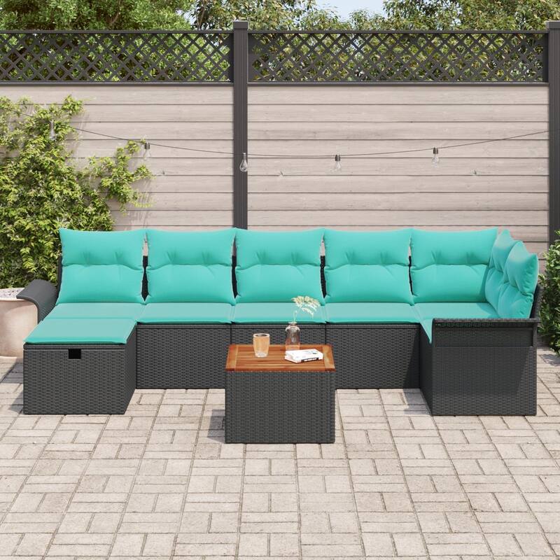 vidaXL 8 Garden Sofa Set with Cushions Black/Grey Poly Rattan - 117.1 x 52.2 x 27.2